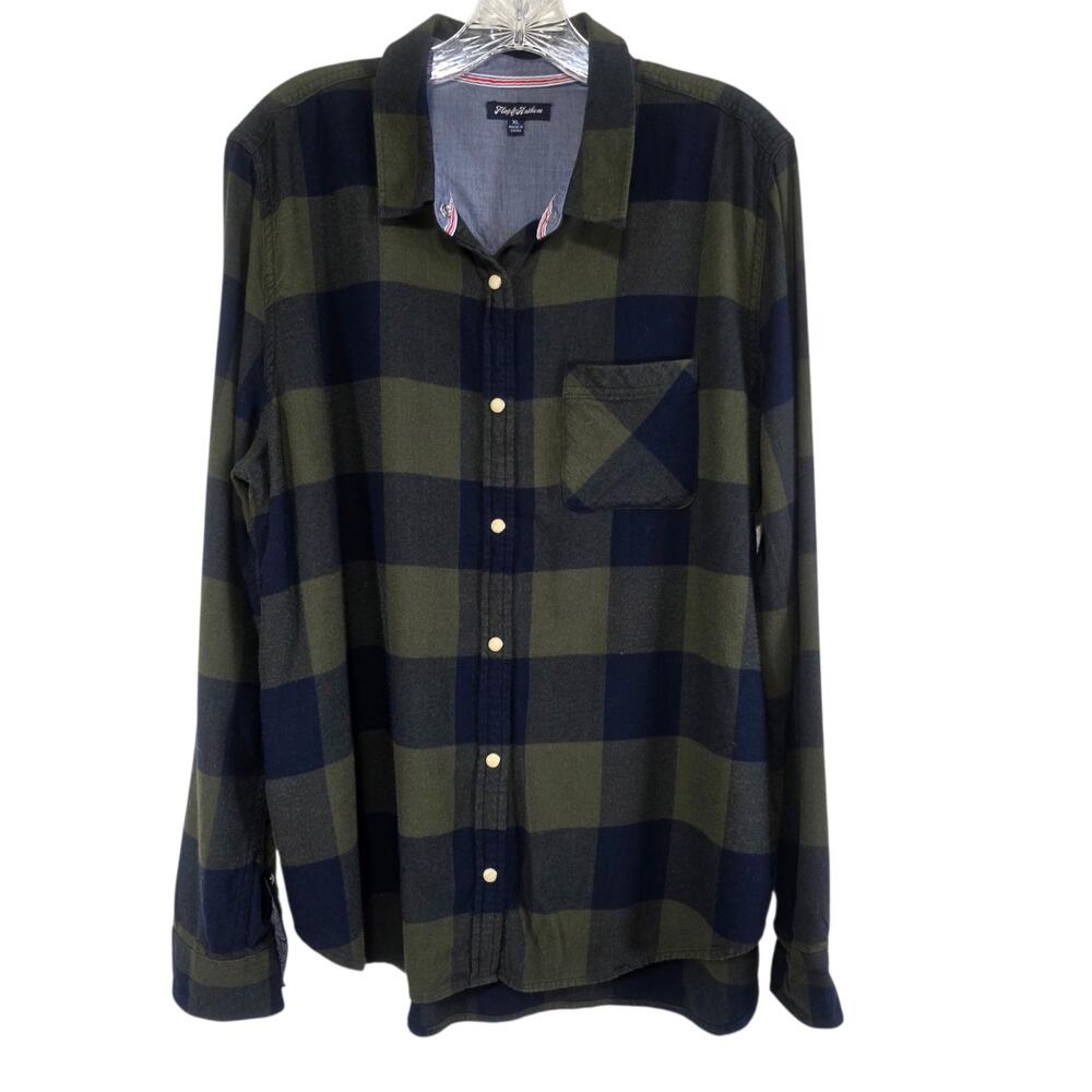 Flag & Anthem Pearl Snap Green Blue Buffalo Plaid Flannel Button Up Shirt XL